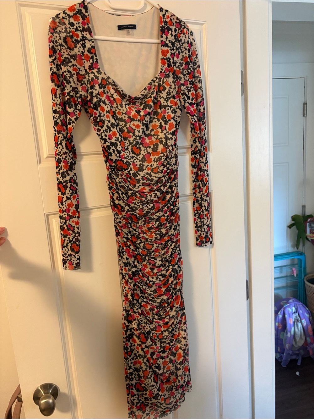 Tommy Hilfiger Orange Black White Floral Ruched Maxi Dress